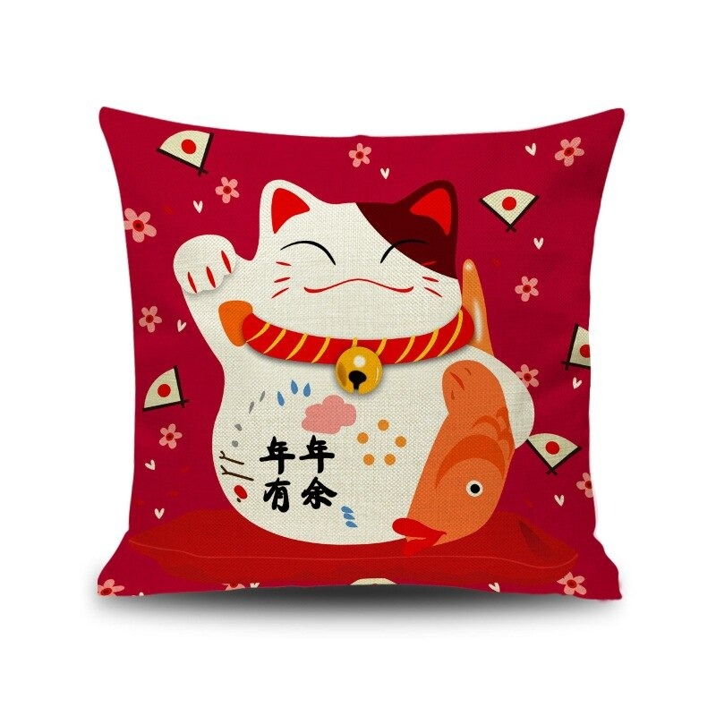 Funda de almohada japonesa gato y abanicos