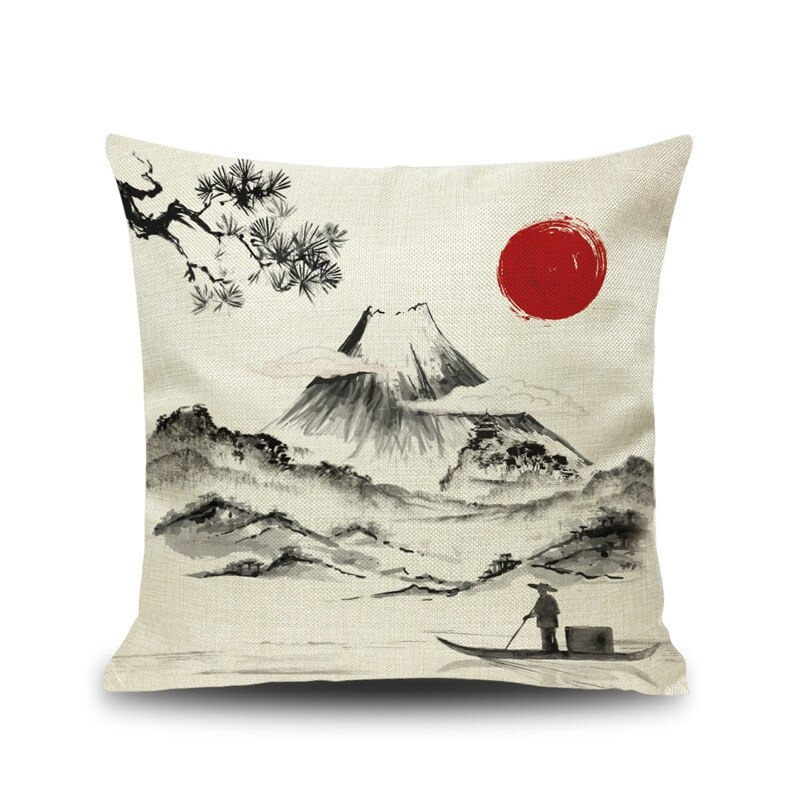 Funda de almohada japonés Monte Fuji blanco y negro