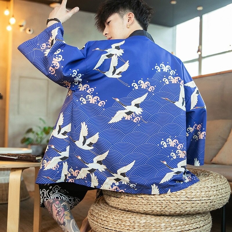 Kimono hombre azul grullas